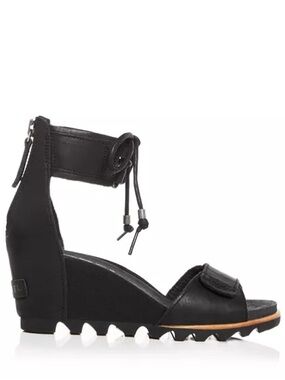 Size 10.5 Sorel Joanie Womens Black Ankle-Strap Wedge Sandals Leather Lace Up